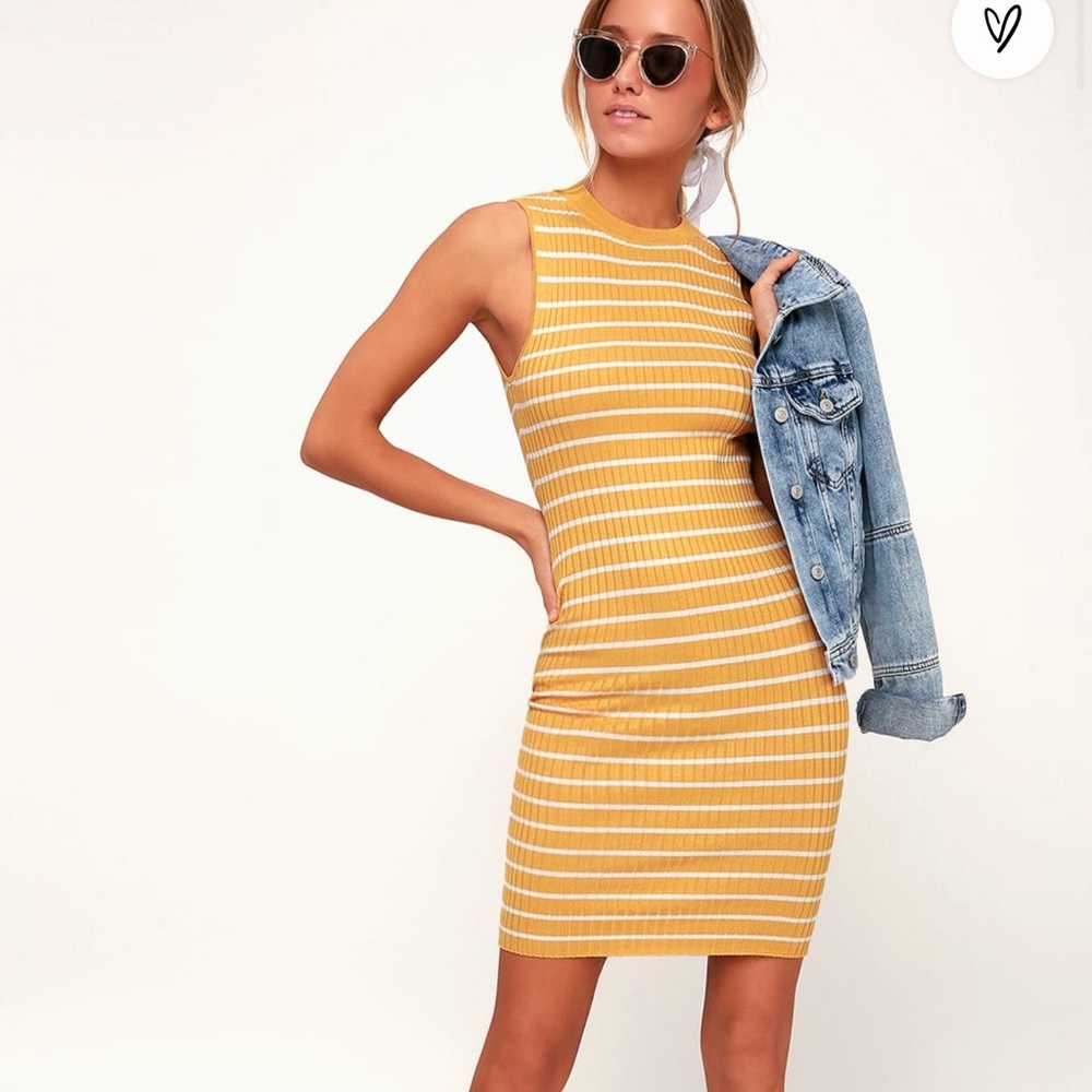 Yellow Striped Ribbed Bodycon Midi Dress
